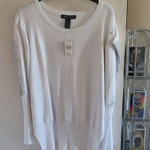 Ashley Stewart White Sweatshirt with Textured Sleeves